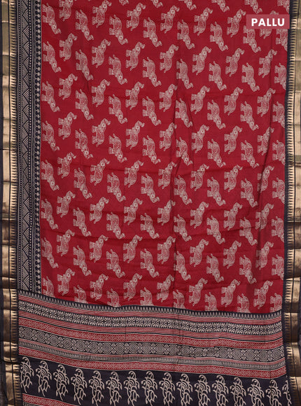 Semi maheshwari cotton saree maroon and black with allover kalamkari prints and zari woven border
