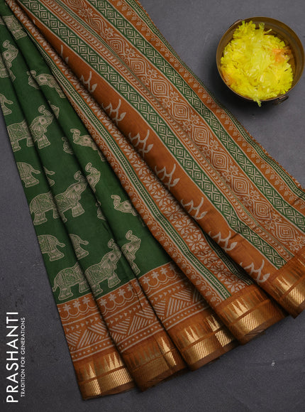 Semi maheshwari cotton saree green and mustard yellow with allover kalamkari prints and zari woven border