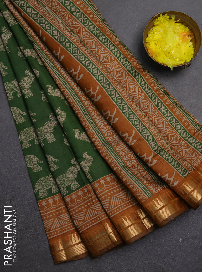 Semi maheshwari cotton saree green and mustard yellow with allover kalamkari prints and zari woven border