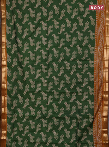 Semi maheshwari cotton saree green and mustard yellow with allover kalamkari prints and zari woven border