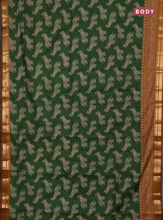 Semi maheshwari cotton saree green and mustard yellow with allover kalamkari prints and zari woven border