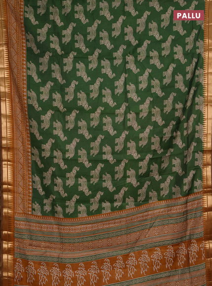Semi maheshwari cotton saree green and mustard yellow with allover kalamkari prints and zari woven border