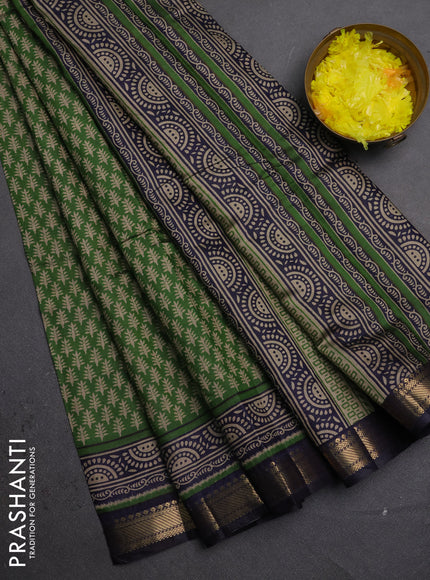 Semi maheshwari cotton saree green and black with allover geometric prints and zari woven border