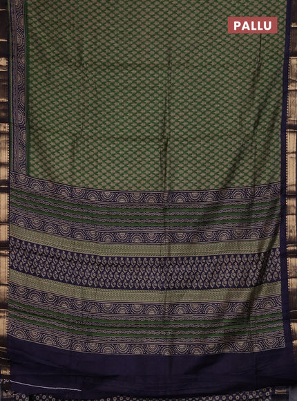 Semi maheshwari cotton saree green and black with allover geometric prints and zari woven border