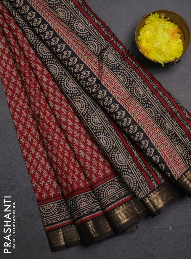 Semi maheshwari cotton saree maroon and black with allover geometric prints and zari woven border
