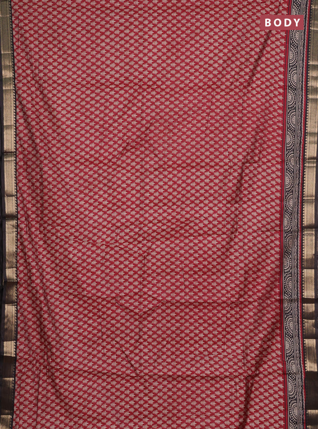 Semi maheshwari cotton saree maroon and black with allover geometric prints and zari woven border