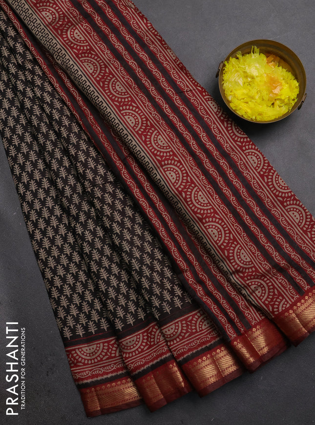 Semi maheshwari cotton saree black and maroon with allover geometric prints and zari woven border
