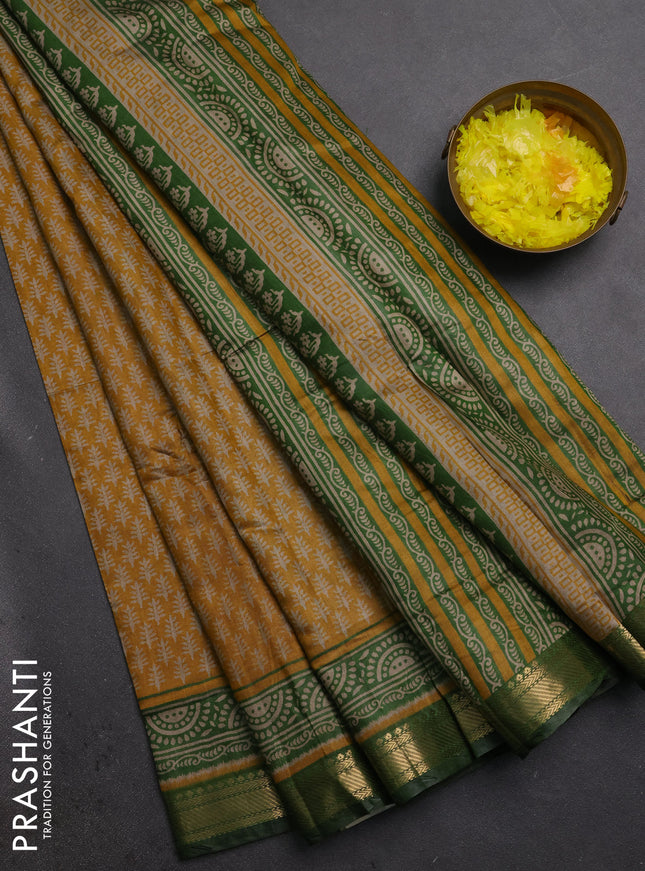 Semi maheshwari cotton saree mustard yellow and green with allover geometric prints and zari woven border