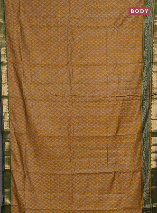 Semi maheshwari cotton saree mustard yellow and green with allover geometric prints and zari woven border