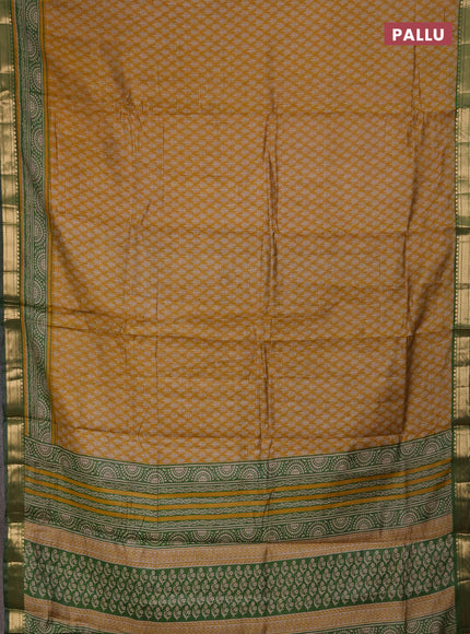 Semi maheshwari cotton saree mustard yellow and green with allover geometric prints and zari woven border