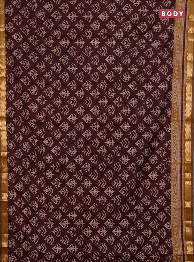 Semi maheshwari cotton saree deep wine and mustard yellow with allover butta prints and zari woven border
