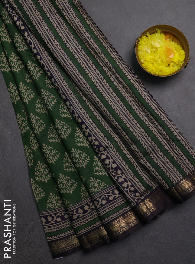 Semi maheshwari cotton saree green and black with allover butta prints and zari woven border