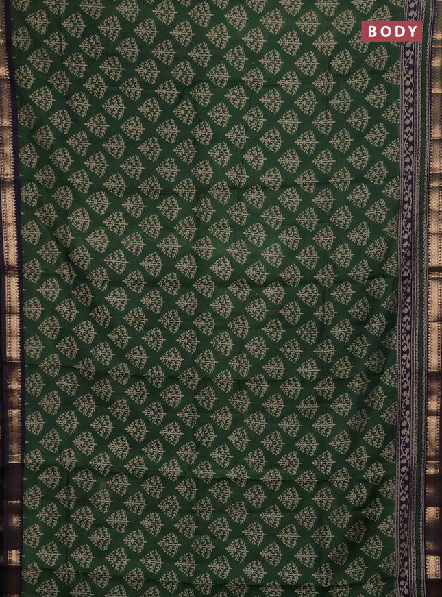Semi maheshwari cotton saree green and black with allover butta prints and zari woven border
