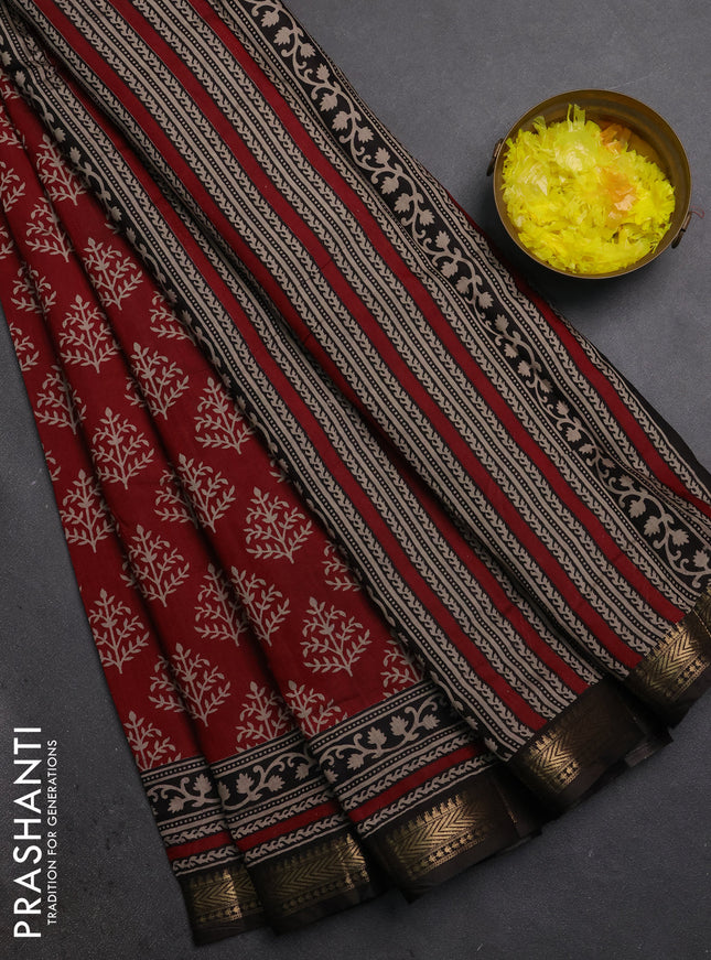 Semi maheshwari cotton saree maroon and black with allover butta prints and zari woven border