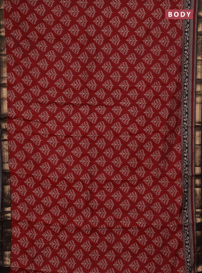 Semi maheshwari cotton saree maroon and black with allover butta prints and zari woven border