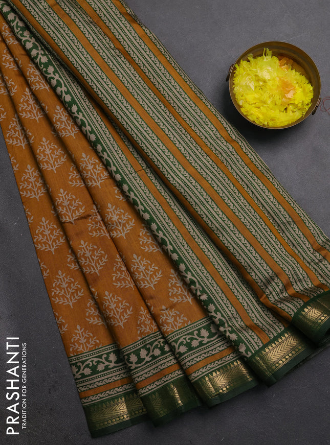 Semi maheshwari cotton saree mustard yellow and green with allover butta prints and zari woven border