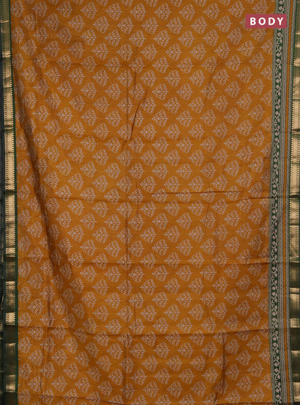 Semi maheshwari cotton saree mustard yellow and green with allover butta prints and zari woven border