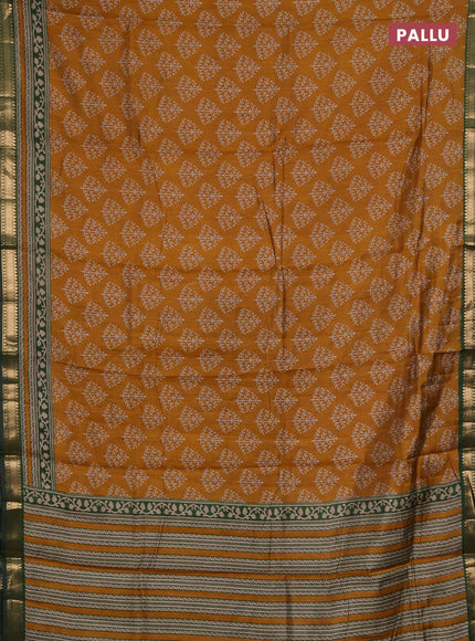 Semi maheshwari cotton saree mustard yellow and green with allover butta prints and zari woven border
