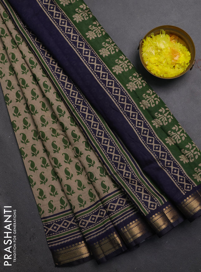 Semi maheshwari cotton saree beige green and navy blue with allover butta prints and zari woven border