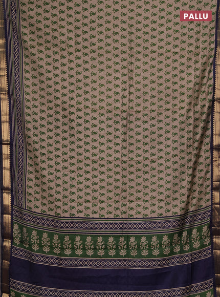 Semi maheshwari cotton saree beige green and navy blue with allover butta prints and zari woven border