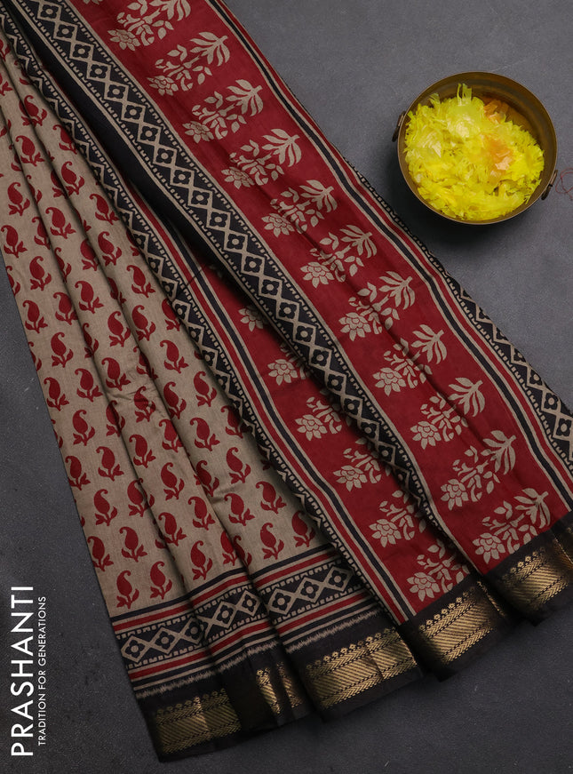 Semi maheshwari cotton saree beige maroon and coffee brown with allover butta prints and zari woven border