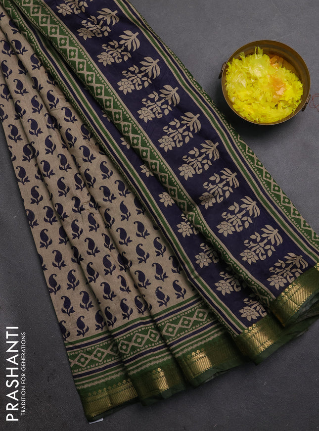 Semi maheshwari cotton saree beige navy blue and olive green with allover butta prints and zari woven border