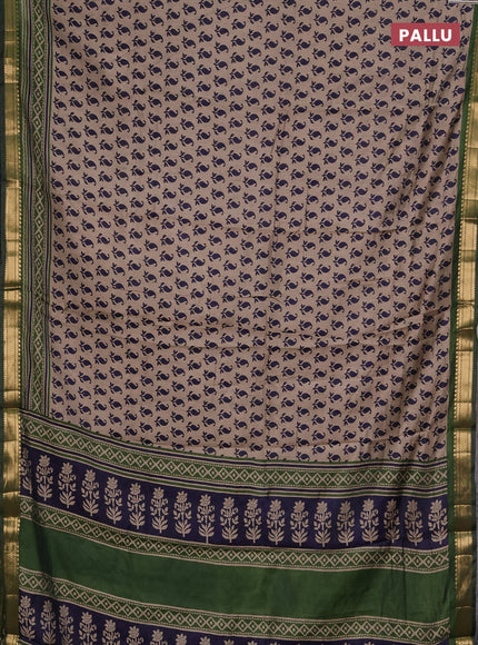 Semi maheshwari cotton saree beige navy blue and olive green with allover butta prints and zari woven border