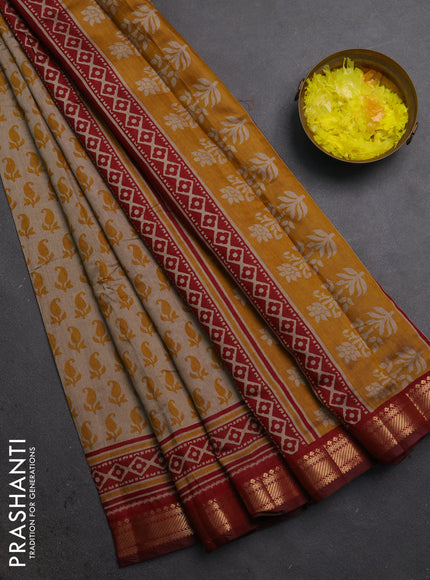 Semi maheshwari cotton saree beige mustard yellow and maroon with allover butta prints and zari woven border