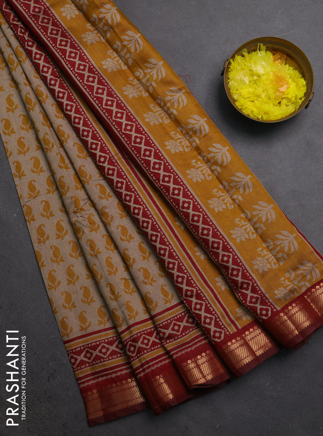 Semi maheshwari cotton saree beige mustard yellow and maroon with allover butta prints and zari woven border