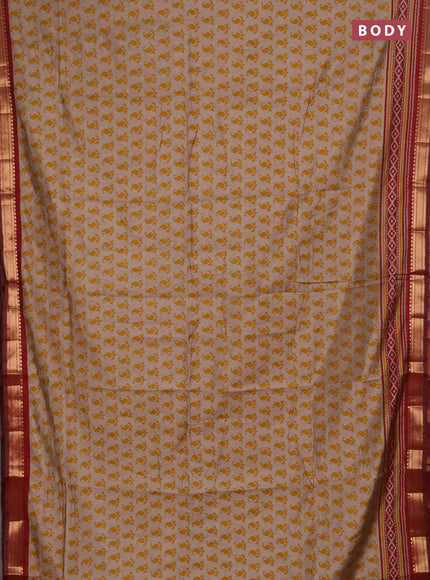 Semi maheshwari cotton saree beige mustard yellow and maroon with allover butta prints and zari woven border