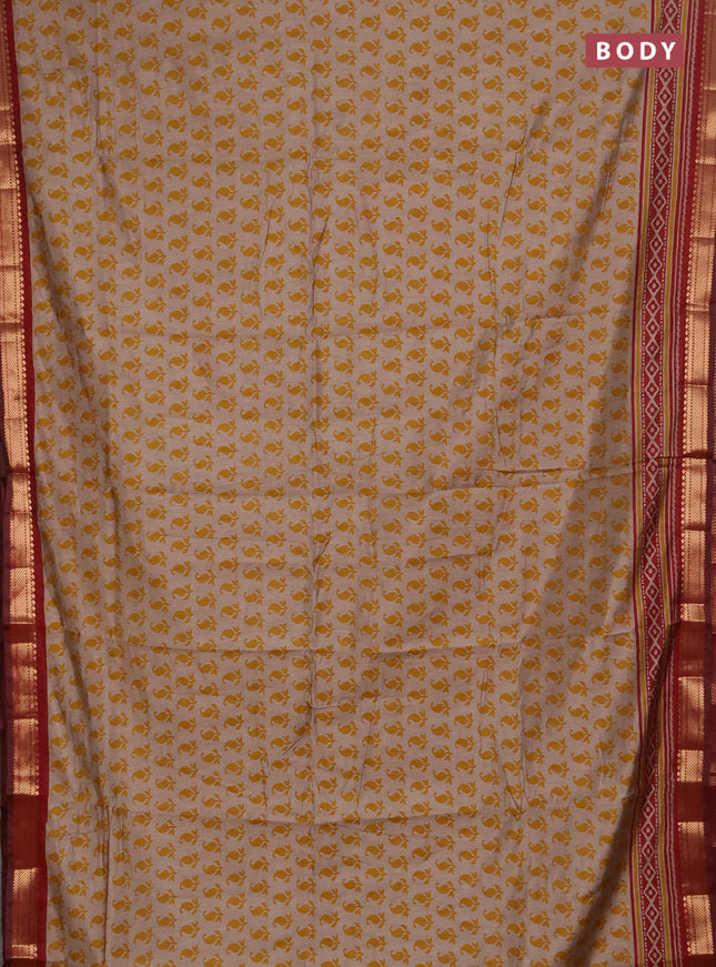 Semi maheshwari cotton saree beige mustard yellow and maroon with allover butta prints and zari woven border