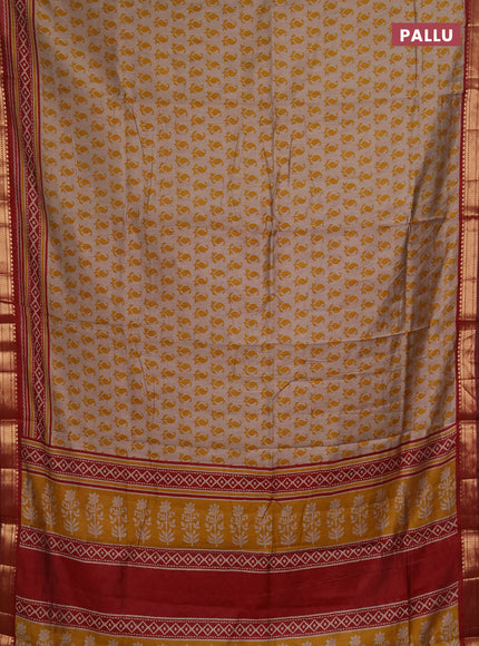 Semi maheshwari cotton saree beige mustard yellow and maroon with allover butta prints and zari woven border