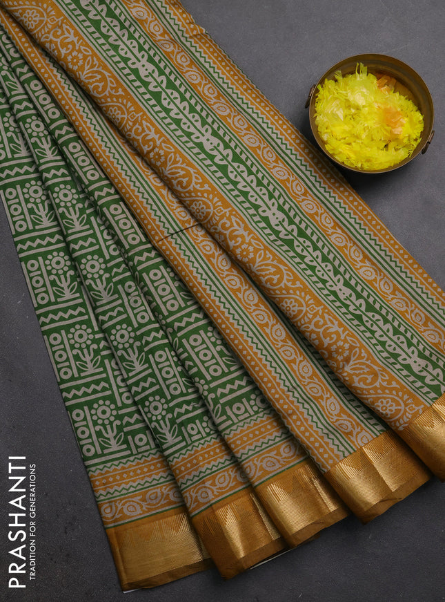 Semi maheshwari cotton saree green and mustard yellow with allover prints and temple zari woven border