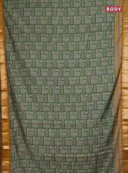 Semi maheshwari cotton saree green and mustard yellow with allover prints and temple zari woven border
