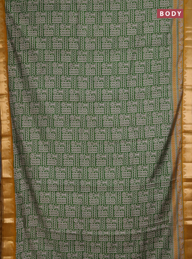 Semi maheshwari cotton saree green and mustard yellow with allover prints and temple zari woven border