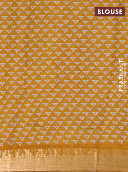 Semi maheshwari cotton saree green and mustard yellow with allover prints and temple zari woven border
