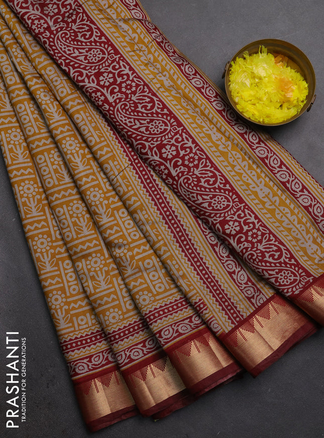 Semi maheshwari cotton saree mustard yellow and deep maroon with allover prints and temple zari woven border