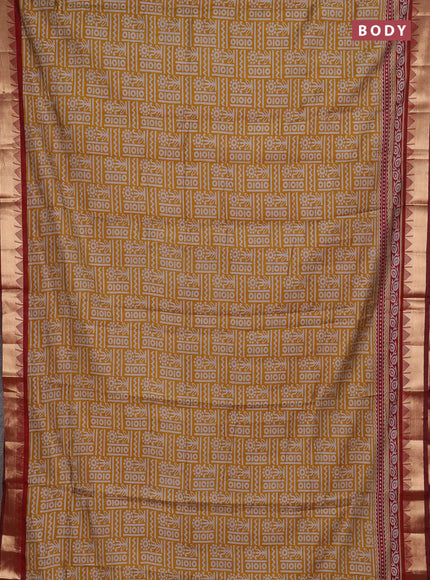 Semi maheshwari cotton saree mustard yellow and deep maroon with allover prints and temple zari woven border