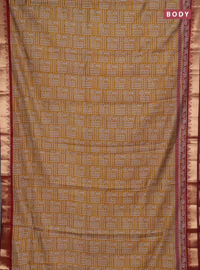 Semi maheshwari cotton saree mustard yellow and deep maroon with allover prints and temple zari woven border