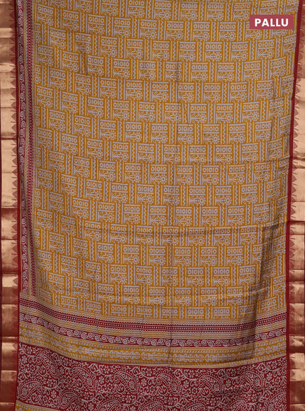 Semi maheshwari cotton saree mustard yellow and deep maroon with allover prints and temple zari woven border