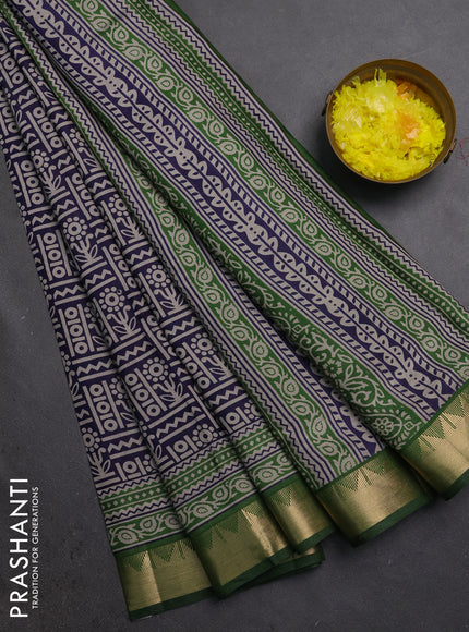 Semi maheshwari cotton saree navy blue and sap green with allover prints and temple zari woven border