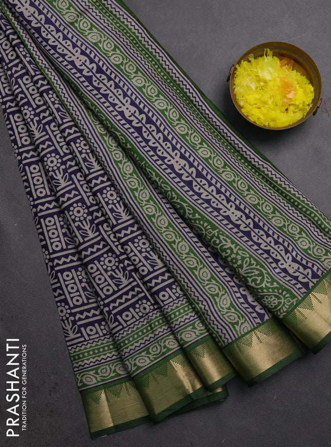 Semi maheshwari cotton saree navy blue and sap green with allover prints and temple zari woven border