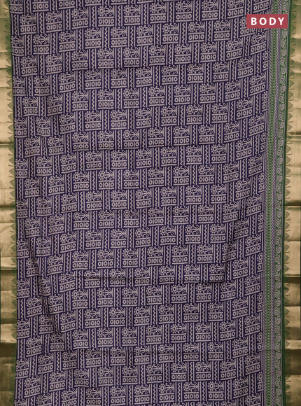 Semi maheshwari cotton saree navy blue and sap green with allover prints and temple zari woven border