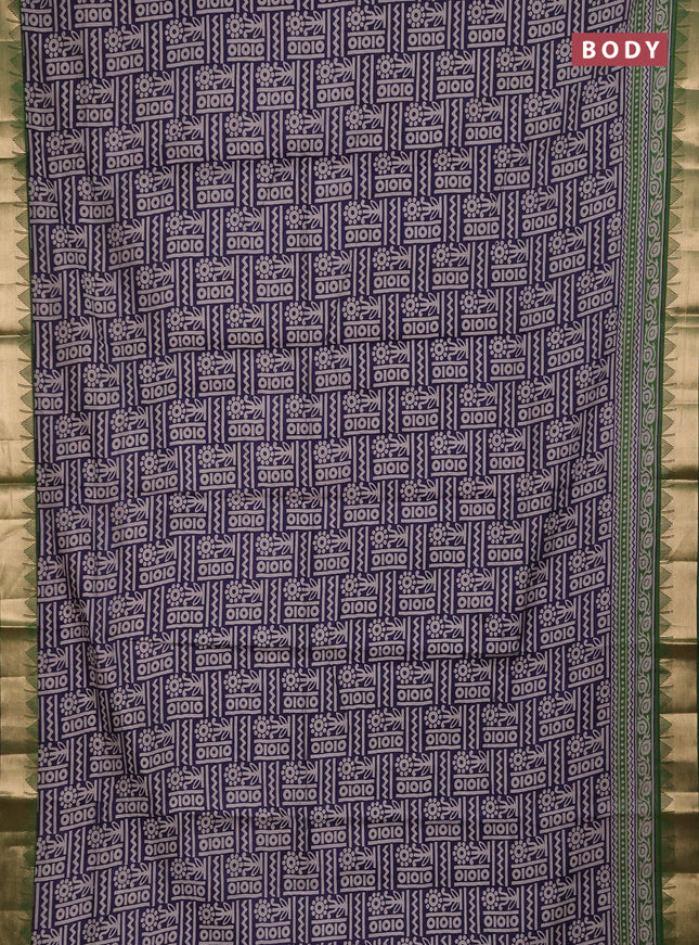 Semi maheshwari cotton saree navy blue and sap green with allover prints and temple zari woven border