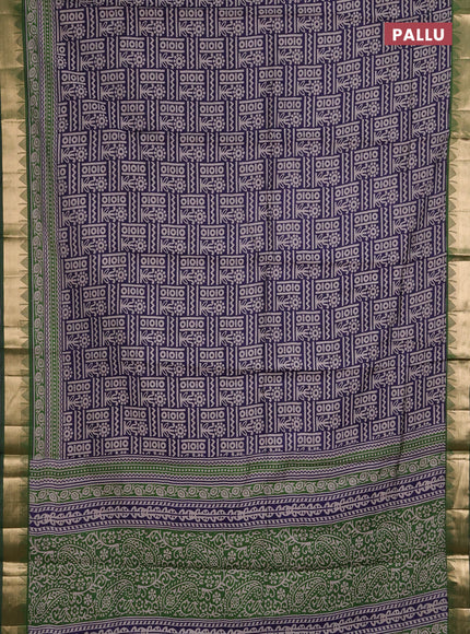 Semi maheshwari cotton saree navy blue and sap green with allover prints and temple zari woven border
