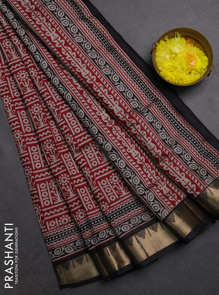 Semi maheshwari cotton saree maroon and black with allover prints and temple zari woven border