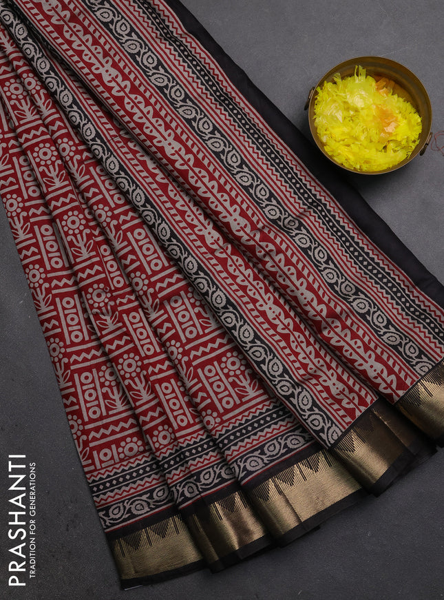 Semi maheshwari cotton saree maroon and black with allover prints and temple zari woven border