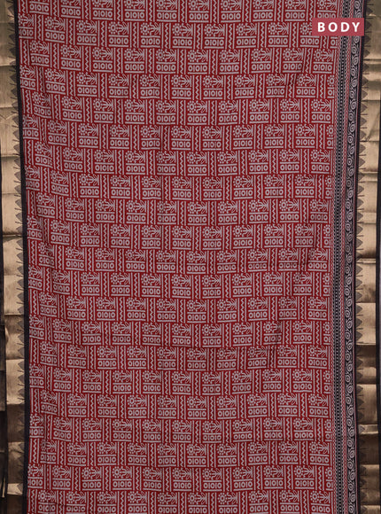 Semi maheshwari cotton saree maroon and black with allover prints and temple zari woven border
