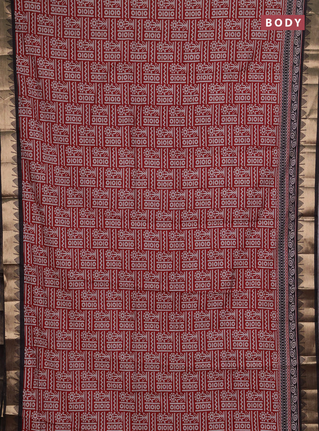 Semi maheshwari cotton saree maroon and black with allover prints and temple zari woven border