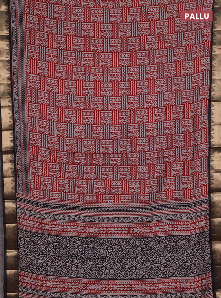 Semi maheshwari cotton saree maroon and black with allover prints and temple zari woven border